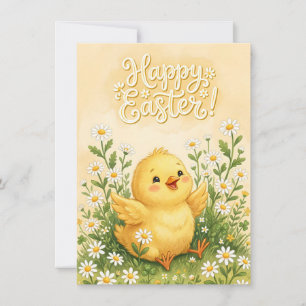 Fröhliches Osterküken umgeben von Gänseblümchen Feiertagskarte