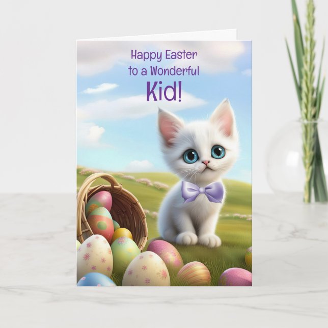 Fröhliches Ostern mit süßem weißem Kätzchen Karte (Vorderseite)