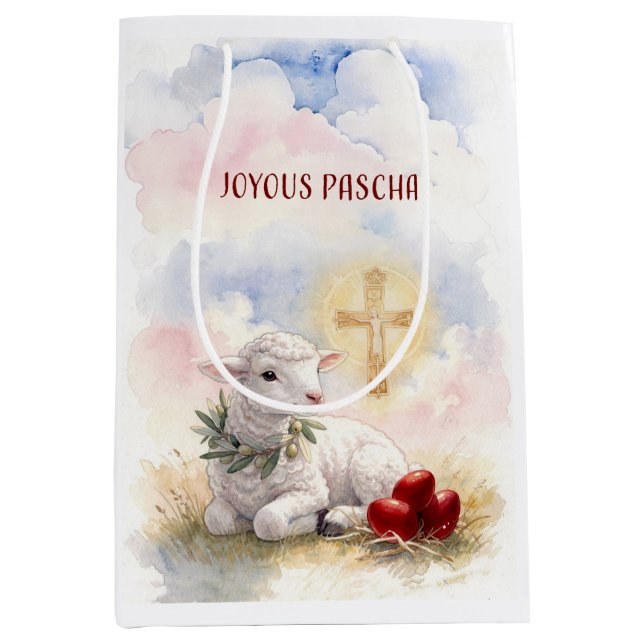 Fröhliches Paschalamm, rote Eier und Kreuz Mittlere Geschenktüte (Vorderseite)