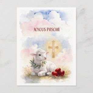 Fröhliches Paschalamm, rote Eier und Kreuz Postkarte