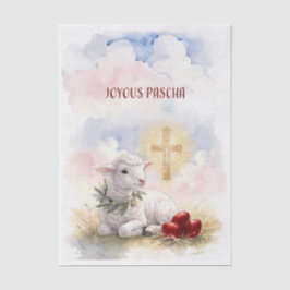 Fröhliches Paschalamm, rote Eier und Kreuz Seidenpapier