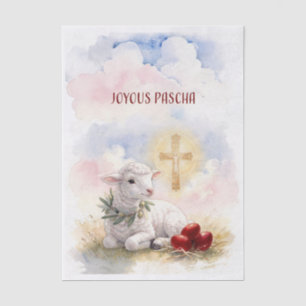 Fröhliches Paschalamm, rote Eier und Kreuz Seidenpapier