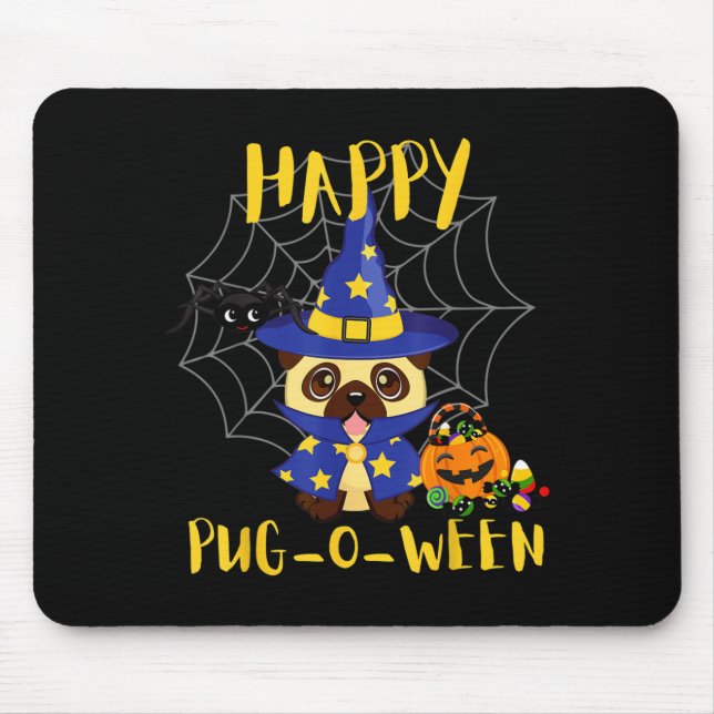 Fröhliches Pug-O-Ween Lustiger Hund Pug Halloween Mousepad (Vorne)