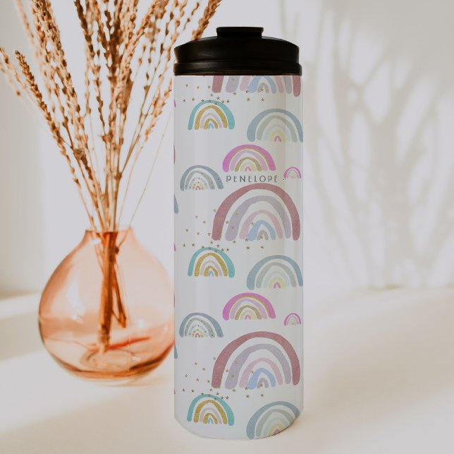 fröhliches Regenbogenmuster | Monogram Tumbler Thermosbecher (Von Creator hochgeladen)