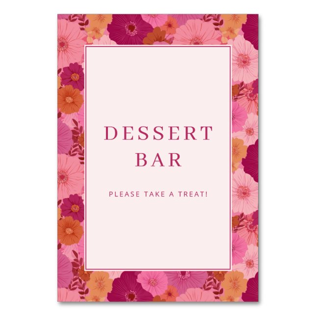 Fröhliches Rosa Blumendessert Bar Schild Tischnummer (Vorderseite)