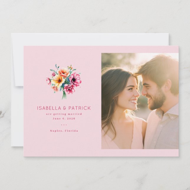 Fröhliches Rosa Blumenfoto Save The Date (Vorderseite)