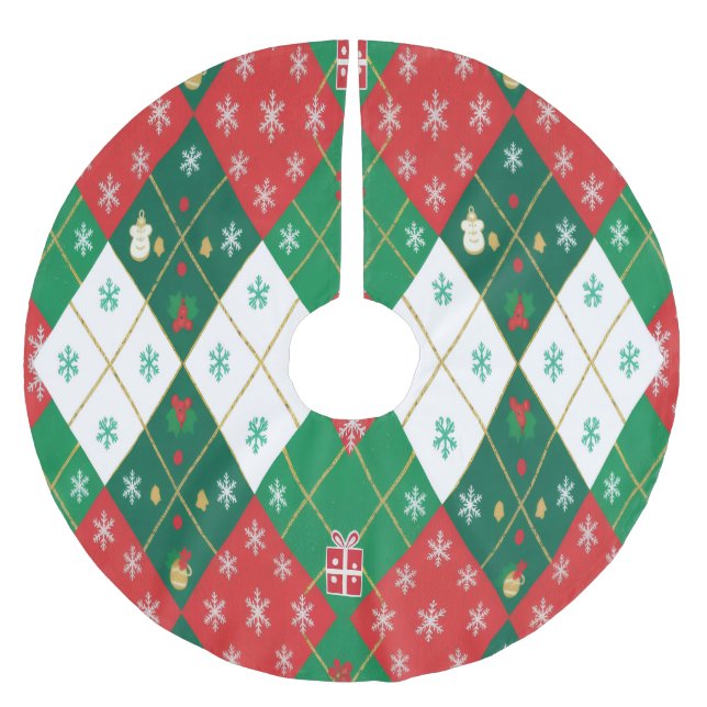 Fröhliches Rot & Grün Argyle Weihnachtsfreude Polyester Weihnachtsbaumdecke (Vorderseite)
