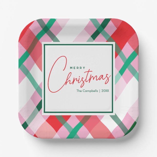 Fröhliches Rot Grün Pink Weihnachts-Karo Pappteller (Vorderseite)