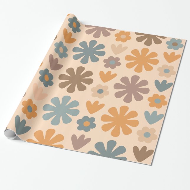 Fröhliches rustikales Retro-skandinavisches Blumen Geschenkpapier (Ungerollt)