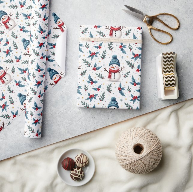 Fröhliches Schneemann & Winter Foliage Muster Geschenkpapier (Kunsthandwerk)