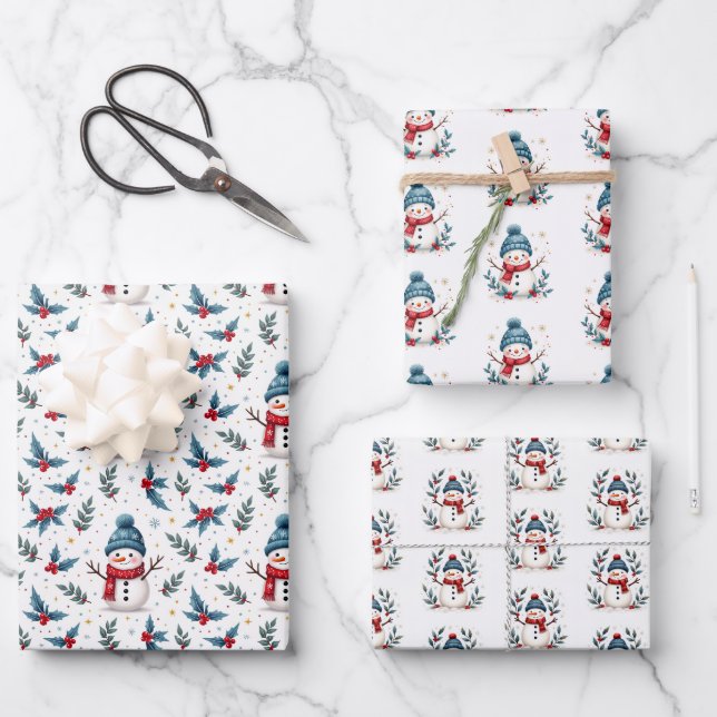 Fröhliches Schneemann & Winter Foliage Muster Geschenkpapier Set (Vorderseite)