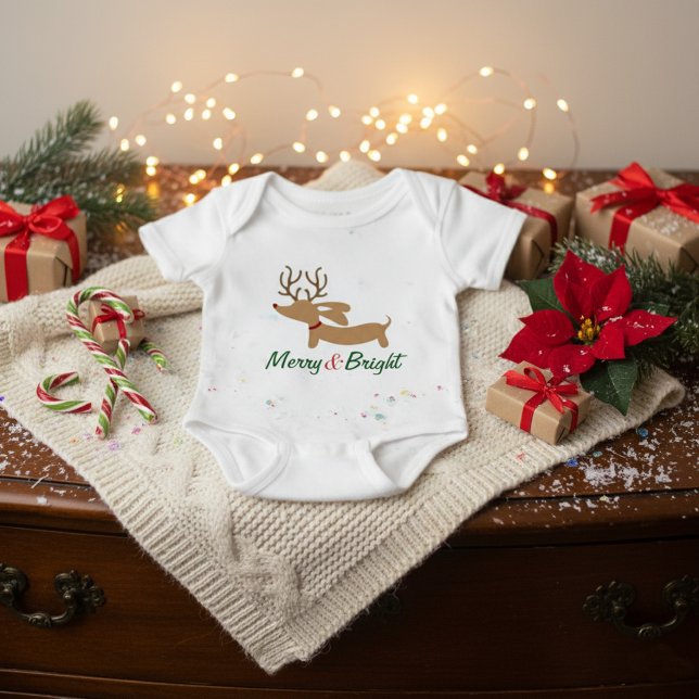 Fröhliches u. helles baby strampler (Merry & Bright dachshund Christmas baby outfit - )