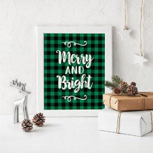 Fröhliches und helles grünes Büffel-Karo-Weihnacht Poster