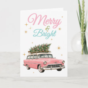 Fröhliches und Helles Rosa Retro-Auto Weihnachten Karte