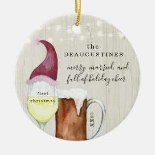 Fröhliches und verheiratetes erstes Weihnachtsbie Keramik Ornament
