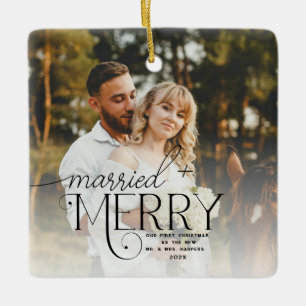 Fröhliches und Verheiratetes Foto Erstes Weihnacht Keramikornament