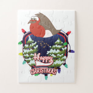 Fröhliches Weihnachts-Cartoon-Robin-Logo Puzzle
