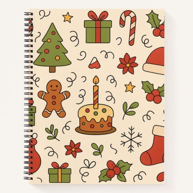 Fröhliches Weihnachts-Doodle-Muster Notizbuch (Vorderseite)