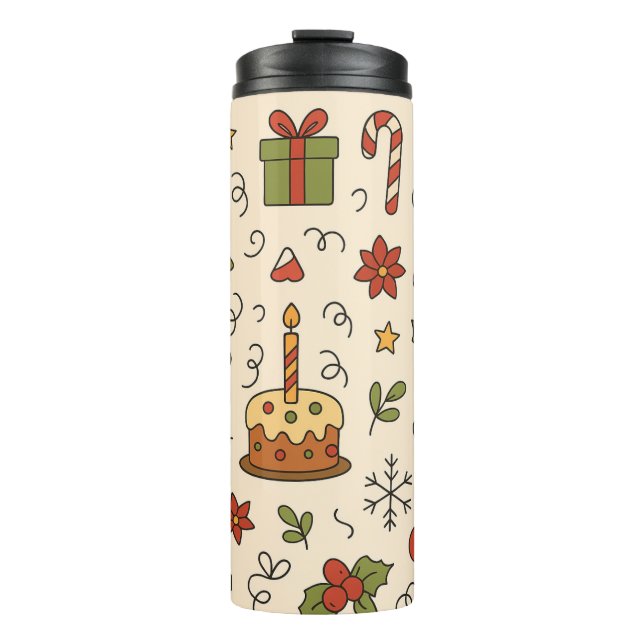 Fröhliches Weihnachts-Doodle-Muster Thermosbecher (Vorderseite)
