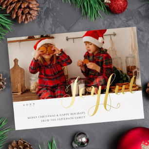 Fröhliches Weihnachtsfamilienfoto Moderne Schrift Folieneinladung