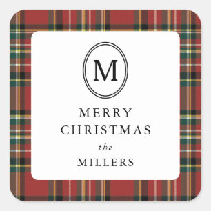 Fröhliches Weihnachtsklassik-Rotkariert-Monogramm Quadratischer Aufkleber