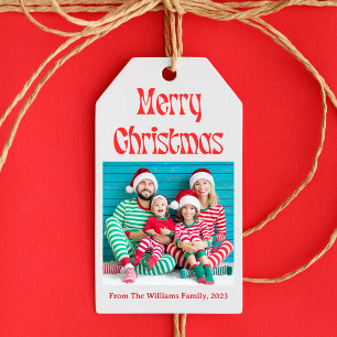 fröhliches Weihnachtsretro Rote Drehbuch Foto Geschenkanhänger