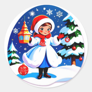 Fröhliches Winter Weihnachten Mädchen in weißem Ma Runder Aufkleber