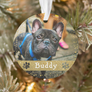 Fröhliches Woofmas GoldGlitzer-Hundehaustier-Foto Ornament