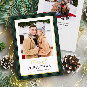 Fröhlichste Weihnachten Jägergrün Kariertes Foto Folien Feiertagskarte