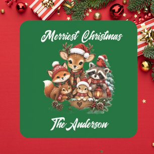Fröhlichste Weihnachts-Waldtiere-Familie Quadratischer Aufkleber