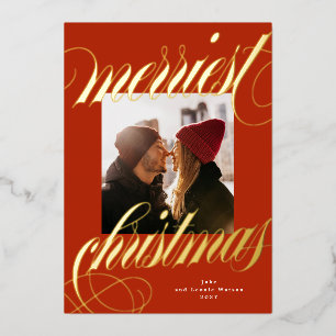 fröhlichstes Weihnachten Gold Kalligrafie rot Foto Folien Feiertagskarte