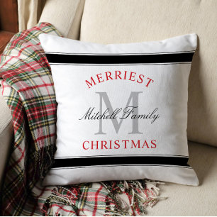 Fröhlichstes Weihnachten Rotes Familienmonogramm Kissen