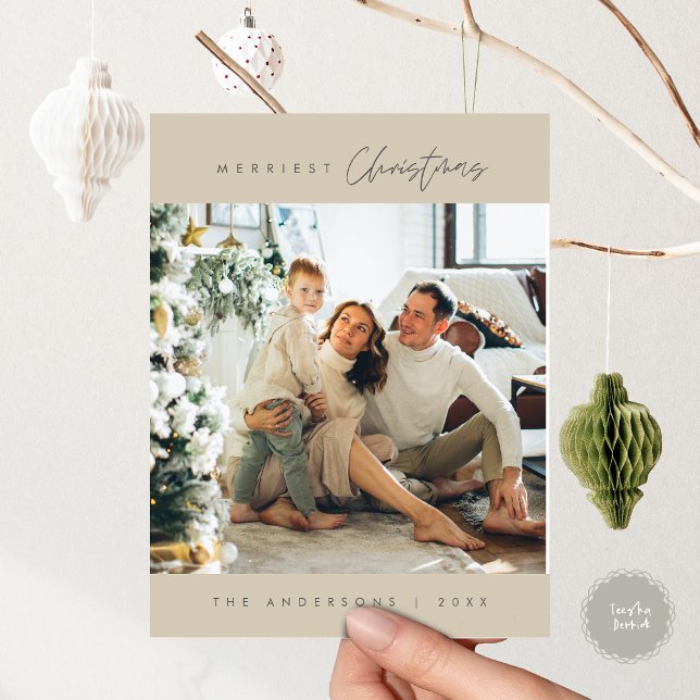 Frohstes Weihnachtsfamiliär-Foto, Irish Cream Grau Postkarte (Merriest Christmas Family Photo, Irish Cream Grey Postcard, Modern warm contemporary season greeting)