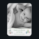 From Our House to Yours Foto von Xmas Holiday Card Magnet<br><div class="desc">"From our House to Yours" Sweet House with tiny snowman. Change to your name and what a cute holiday greeting. So einfach und süß. Great Keepsake.</div>