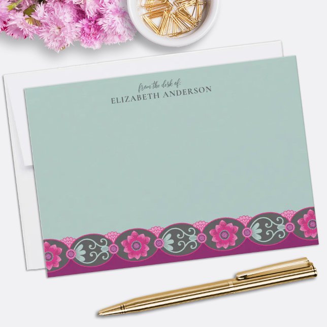 From the Desk of Pretty Teal Floral Mitteilungskarte (Elegant teal floral personalized note cards. Personalize them with your name.)