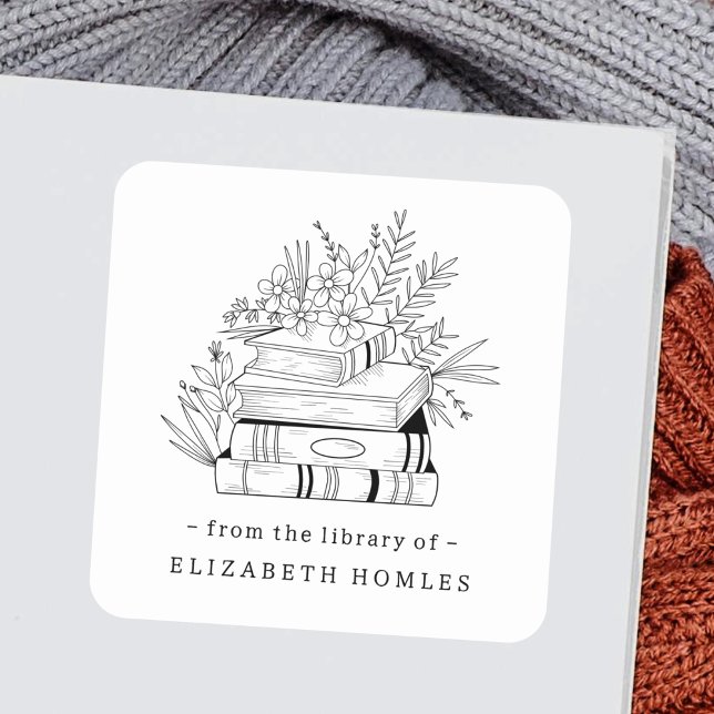 From the Library of Custom Name Books and Flower Quadratischer Aufkleber (Von Creator hochgeladen)