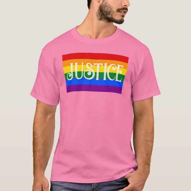 Front: Regenbogenflagge/Gerechtigkeit. Zurück: TVU T-Shirt (Vorderseite)