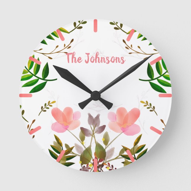 Fronten, Blätter und Blume Runde Wanduhr (Vorderseite)