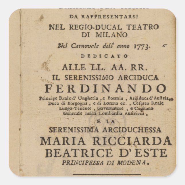 Frontispiece von Mozarts "Lucio Silla" Quadratischer Aufkleber (Vorderseite)