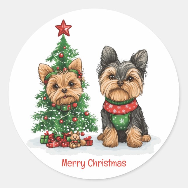 Frory Christmas Yorkie Dogs Runder Aufkleber (Vorderseite)