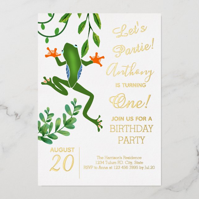 Frosch 1. Geburtstag Party verwandelt ein Foto Folieneinladung (Vorderseite)
