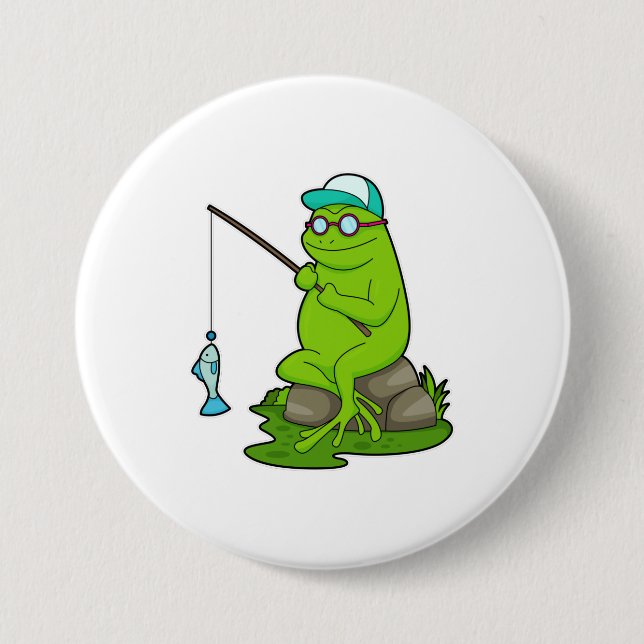 Frosch als Fisher mit Angelrute & Fisch Button (Vorderseite)