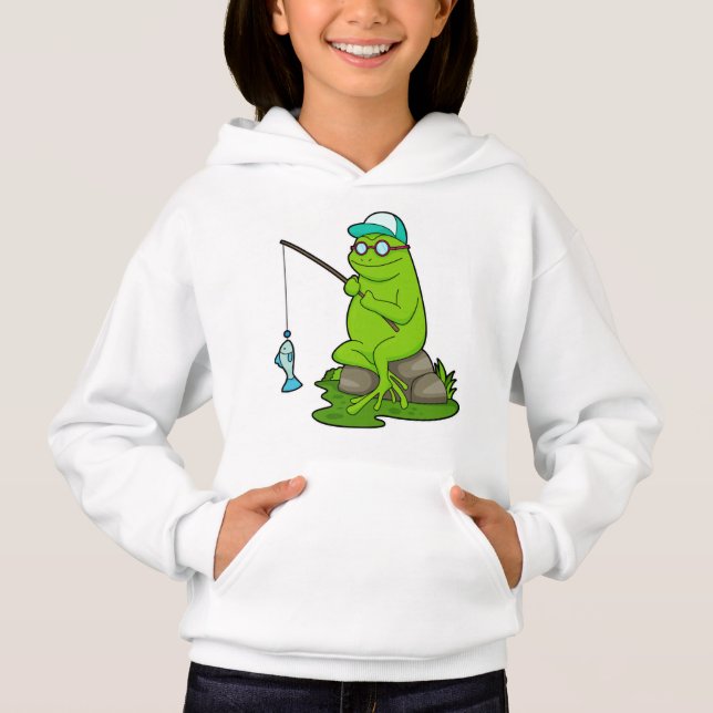 Frosch als Fisher mit Angelrute & Fisch Hoodie (Vorderseite)