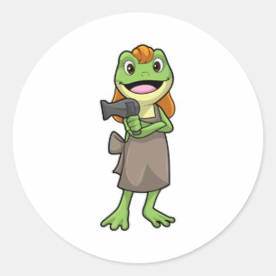 Frosch als Friseur mit Haartrockner Runder Aufkleber