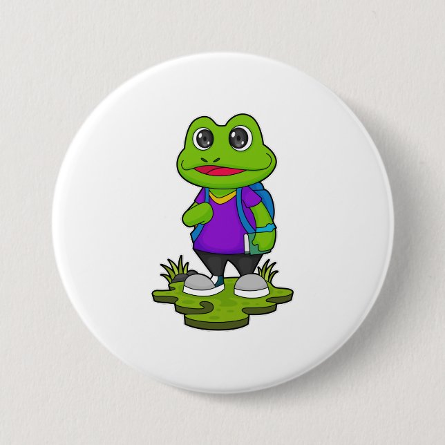 Frosch als Hiker mit Rucksack Button (Vorderseite)