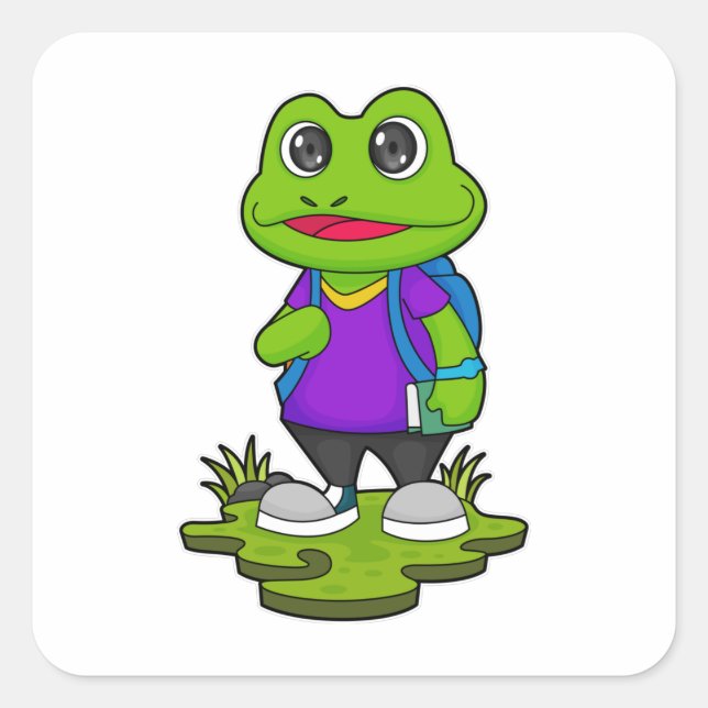 Frosch als Hiker mit Rucksack Quadratischer Aufkleber (Vorderseite)