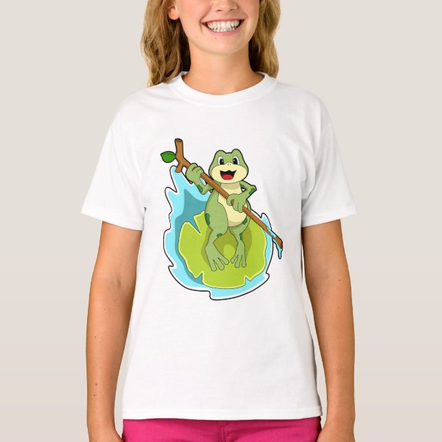 Frosch als Hiker mit Stick T-Shirt (Vorderseite)