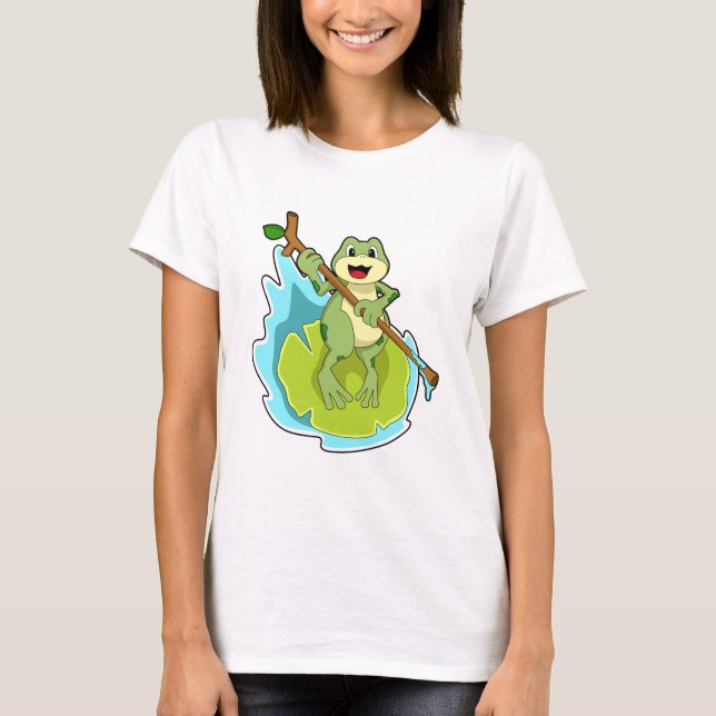 Frosch als Hiker mit Stick T-Shirt (Vorderseite)
