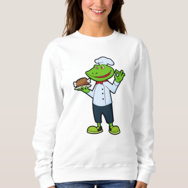 Frosch als Koch mit Servierplatte & Hühnchen Sweatshirt (Vorderseite)