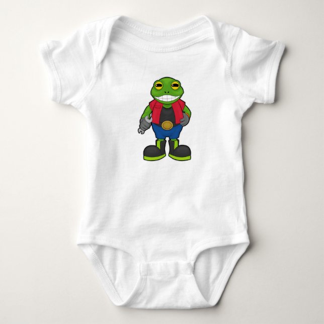 Frosch als Mechaniker mit Schraubenschlüssel Baby Strampler (Vorderseite)